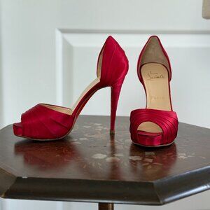 Christian Louboutin Armadillo Red Satin Peep Toe 36 1/2 Intact Red Bottoms
